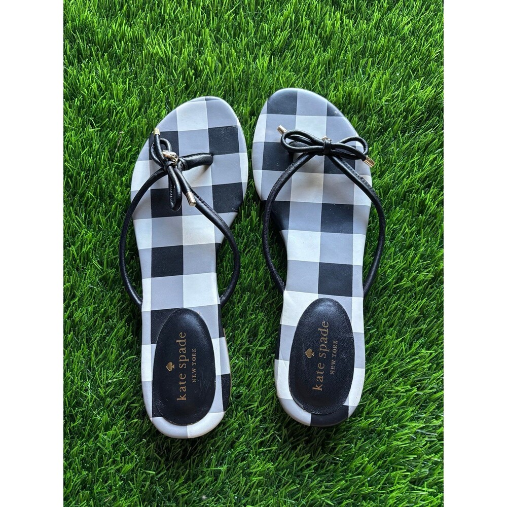 Kate Spade New York Black White Buffalo Plaid Bow Flip Flop Sandals sz 9.5